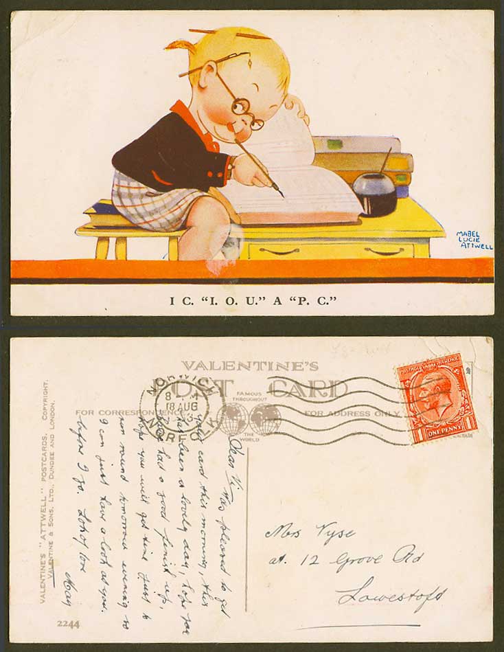 Mabel Lucie Attwell 1933 Old Postcard I C. I.O.U. A P.C. Girl Writing, Ink 2244