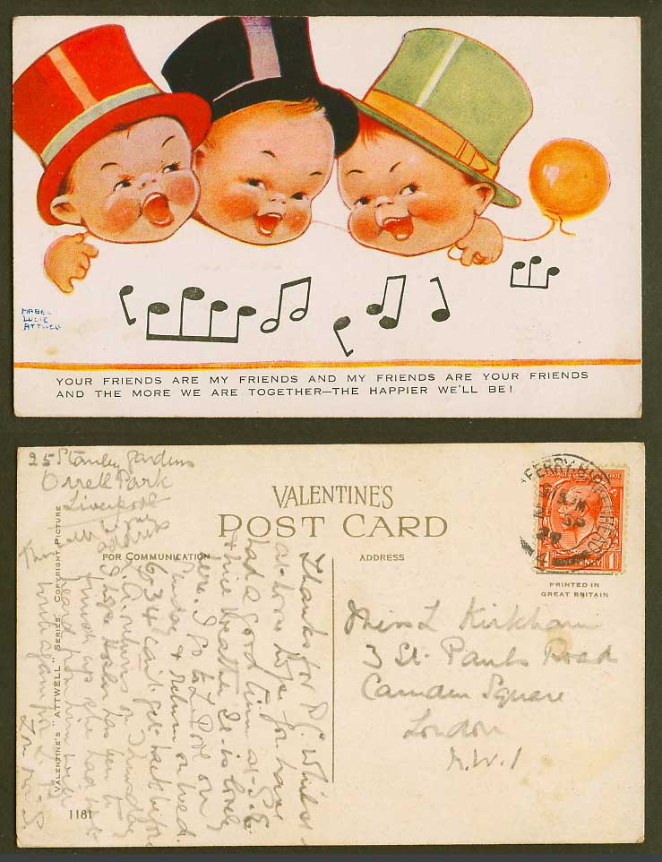 MABEL LUCIE ATTWELL 1927 Old Postcard Your Friends are My Friends Boy Music 1181