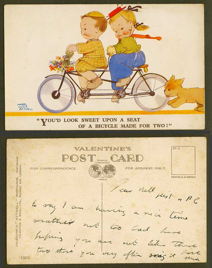 MABEL LUCIE ATTWELL Old Postcard TANDEM BICYCLE Made For Two Look Sweet Dog 1901