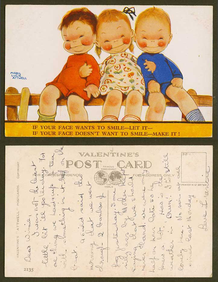 MABEL LUCIE ATTWELL Old Postcard If Your Face Wants to Smile Let It Make It 2135