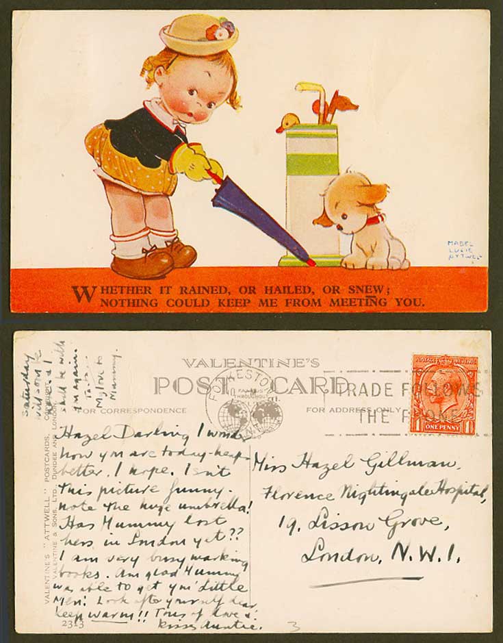 MABEL LUCIE ATTWELL 1934 Old Postcard Nothing Could Keep Me from Meeting U. 2313