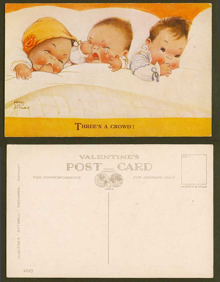 MABEL LUCIE ATTWELL Old Postcard 3 Three's A Crowd! Triplets Triplet Babies 2127
