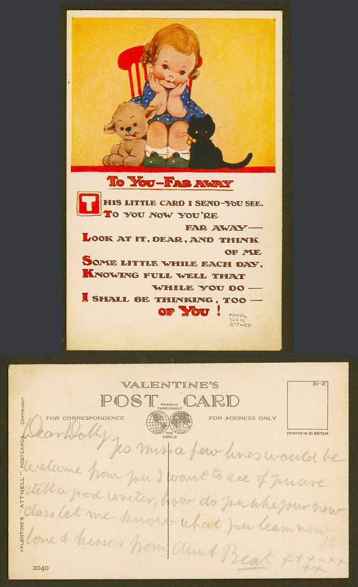 MABEL LUCIE ATTWELL Old Postcard To You Far Away Black Cat Kitten Dog Puppy 2040