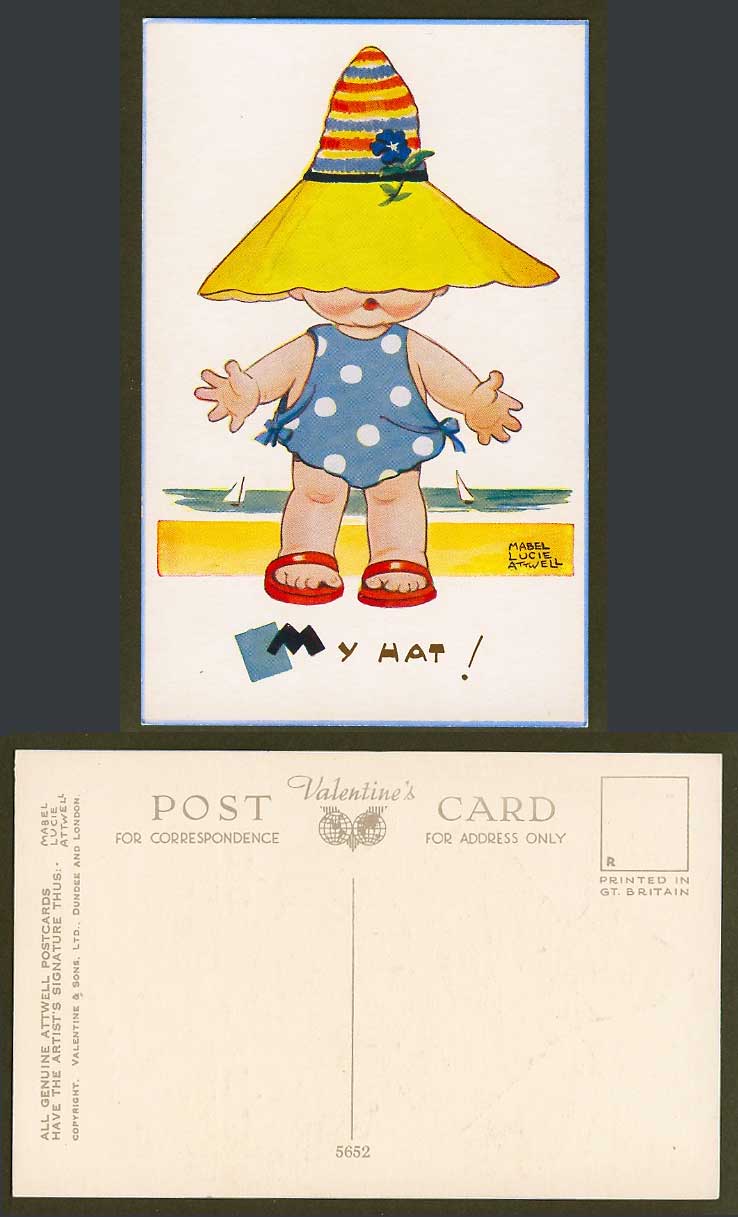 MABEL LUCIE ATTWELL Old Postcard Girl wearing My Hat! Seaside Beach & Boats 5652