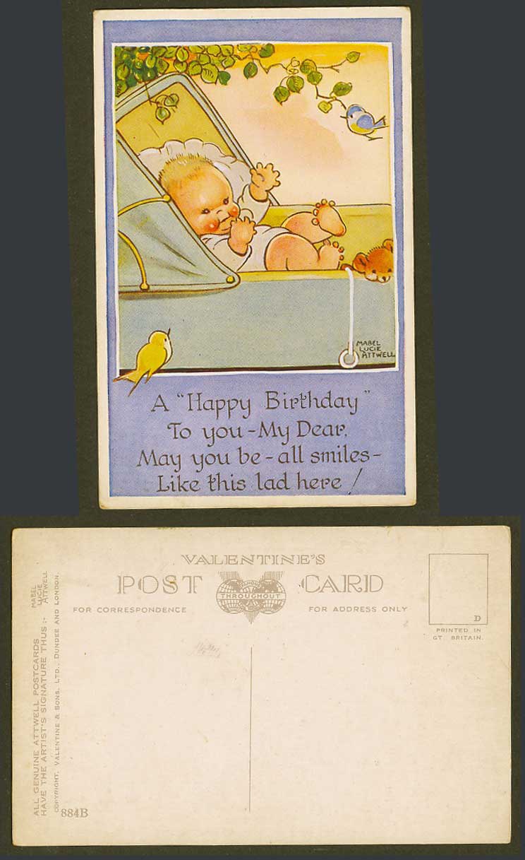 MABEL LUCIE ATTWELL Old Postcard Baby Teddy Bear, Happy Birthday All Smiles 884B