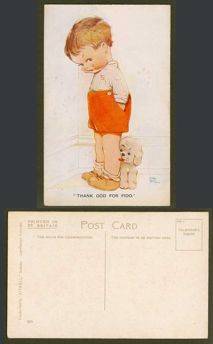 MABEL LUCIE ATTWELL c.1920 Old Postcard Thank God for Fido Dog Puppy and Boy 885