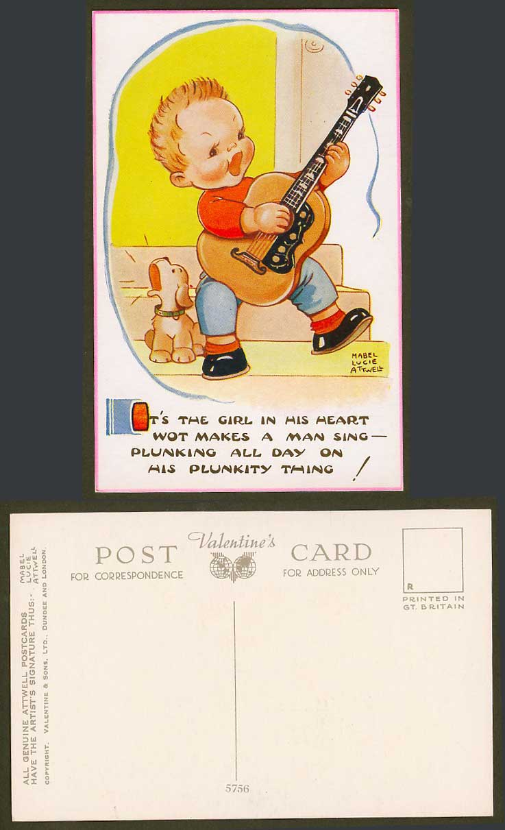 MABEL LUCIE ATTWELL Old Postcard Guitar Dog, Girl in Heart Makes a Man Sing 5756