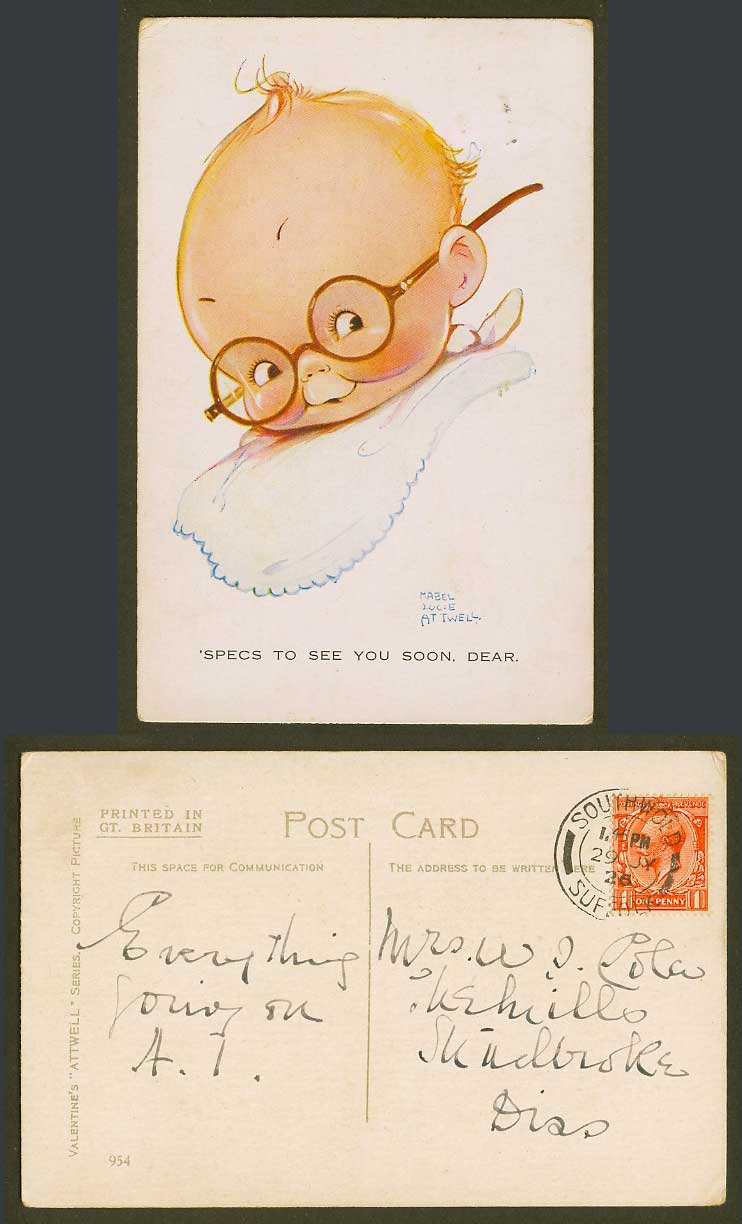 MABEL LUCIE ATTWELL 1926 Old Postcard 'Specs To See You Soon Dear Spectacles 954