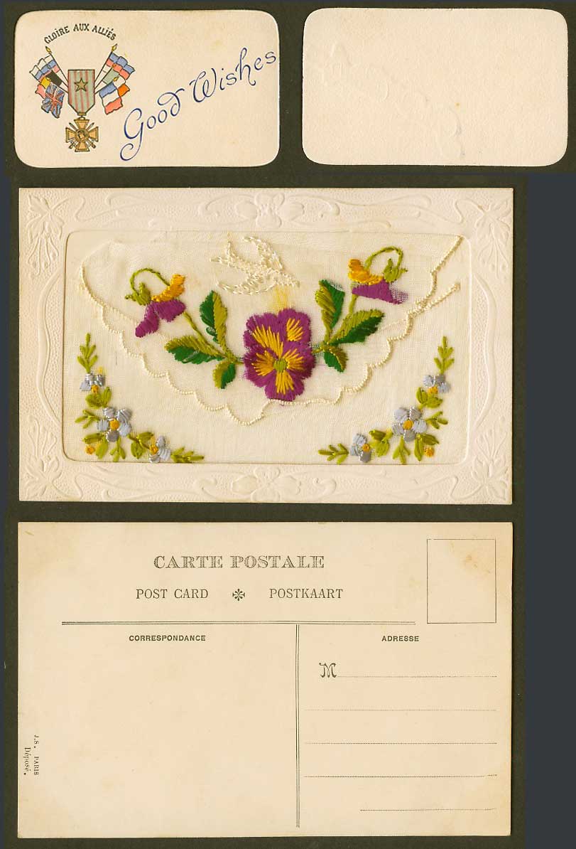 WW1 SILK Embroidered Old Postcard Pansy Flowers Good Wishes Gloire Allies Wallet