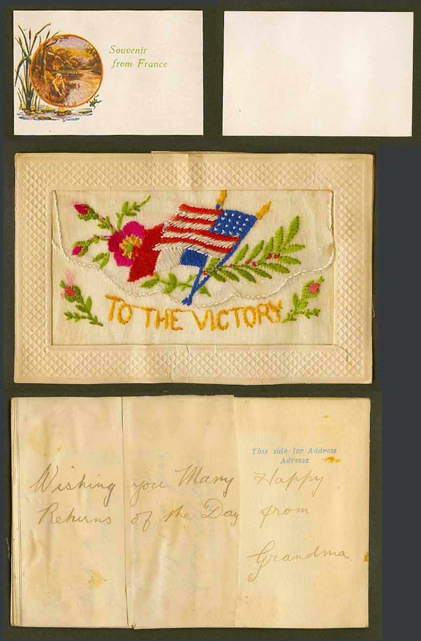 WW1 SILK Embroidered Old Postcard To The Victory French USA Flags Card in Wallet