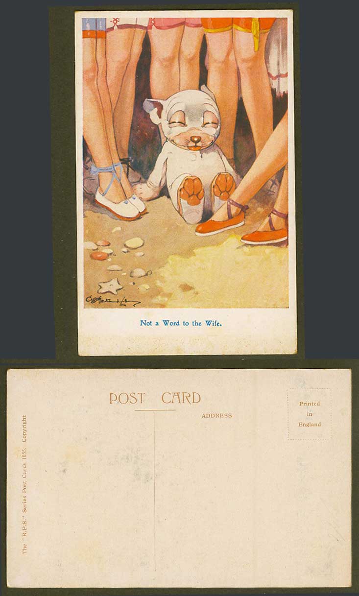 BONZO DOG G.E. Studdy Old Postcard Not a Word to Wife. Puppy & Women's Legs 1055