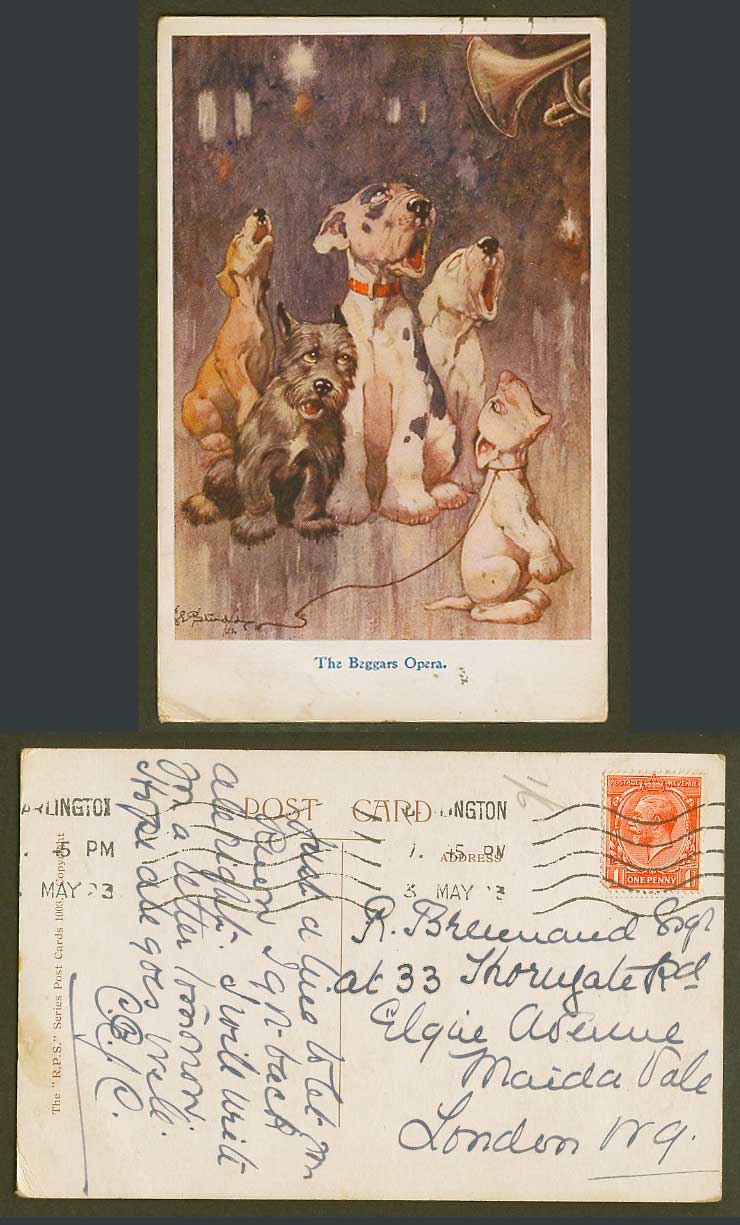 BONZO DOG GE Studdy 1923 Old Postcard The Beggars Opera Dogs & Puppies Sing 1003