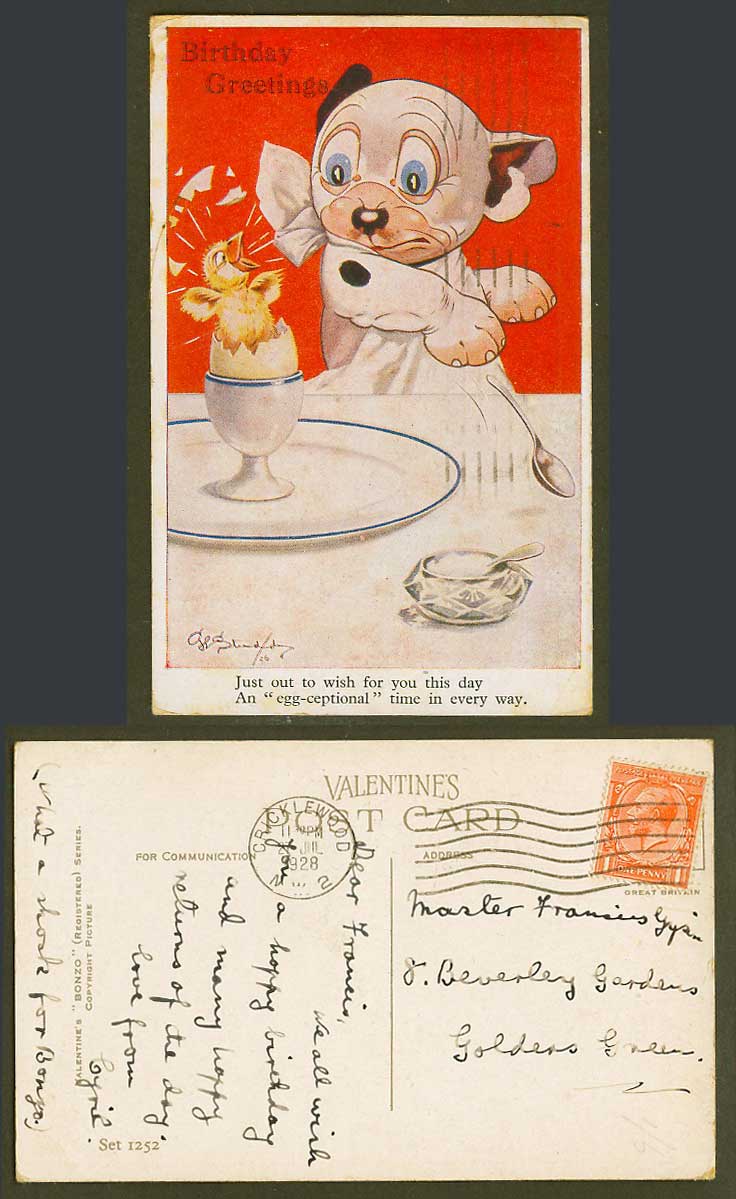 BONZO DOG GE Studdy 1928 Old Postcard Chick Egg Birthday Egg-Ceptional Time 1252