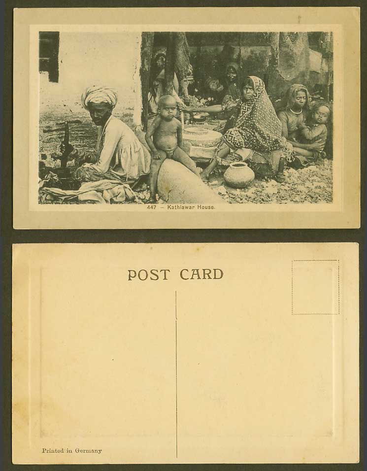 India Old Embossed Postcard A Kathiawar Home House Native Men Women Boy Children