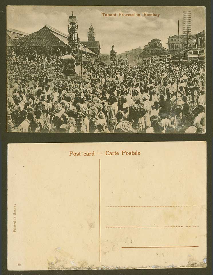 India Old Postcard Taboot Procession Bombay Native Festival Crowded Street Scene