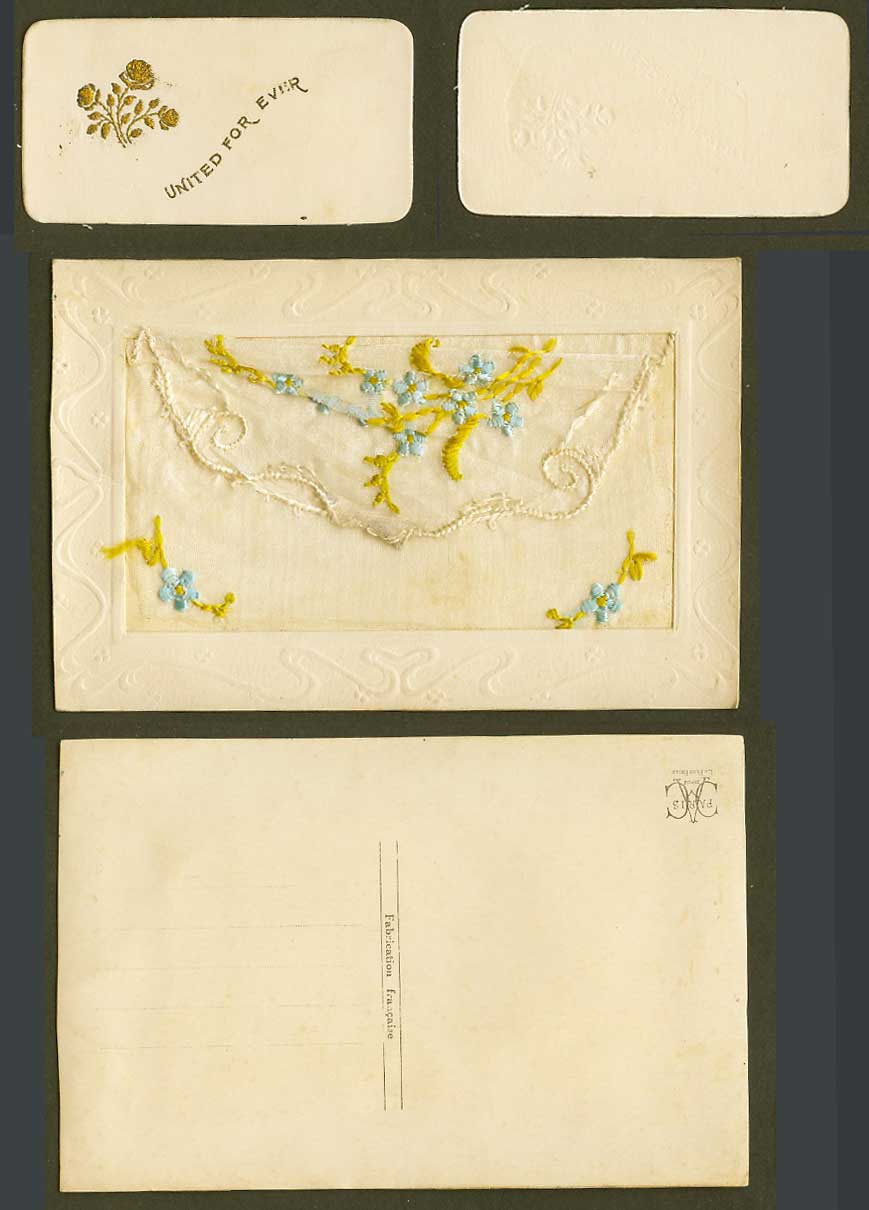 WW1 SILK Embroidered French Old Postcard Flowers, United For Ever Card in Wallet