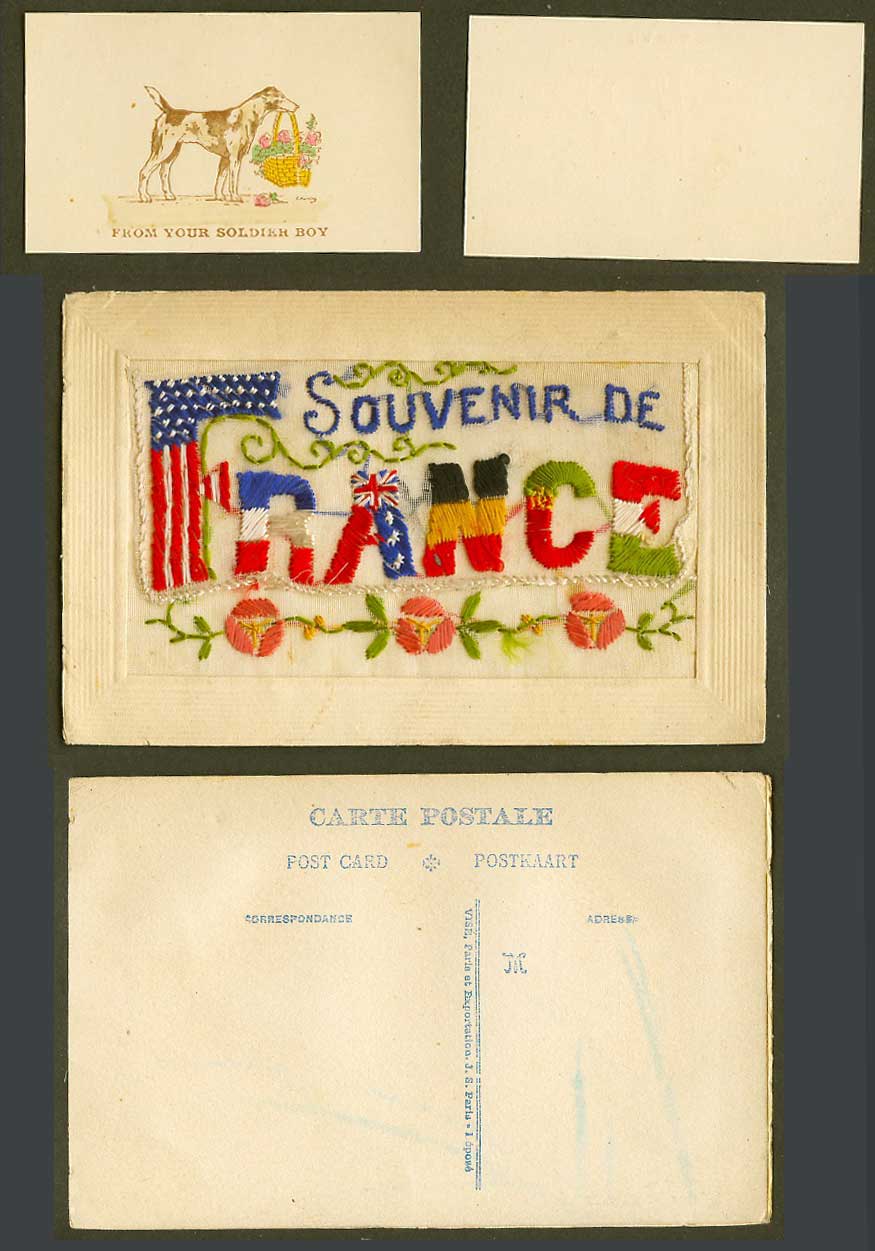 WW1 SILK Embroidered Old Postcard Souvenir de France US Flag Dog Ur Soldier Boy