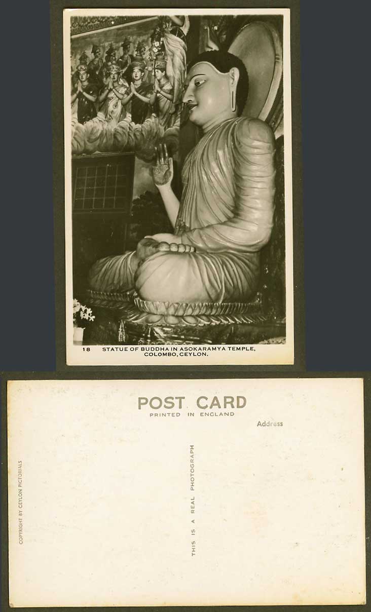 Ceylon Old Real Photo Postcard Statue of Buddha in Asokaramaya Temple, Colombo