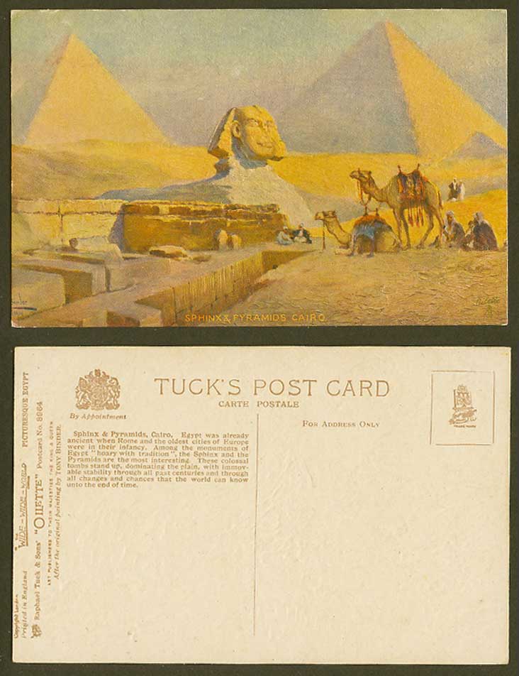 Egypt Tony Binder Old Tuck's Oilette Postcard Sphinx Pyramids Cairo Camel Desert