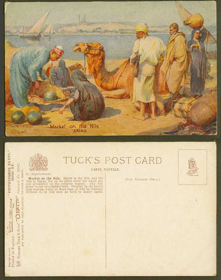 Egypt Tony Binder Old Tuck's Postcard Market on The Nile Cairo Watermelons Camel