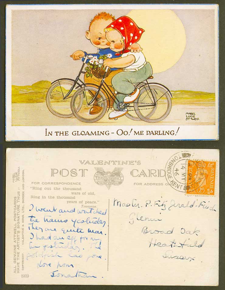 MABEL LUCIE ATTWELL 1946 Old Postcard Bicycle Cyclist In Gloaming Me Darling 869