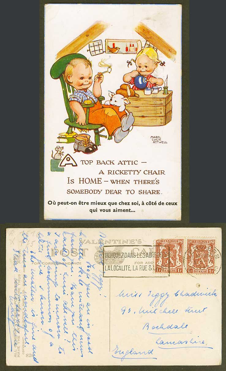 MABEL LUCIE ATTWELL 1947 Old Postcard Top Back Attic Home, Somebody to Share 826