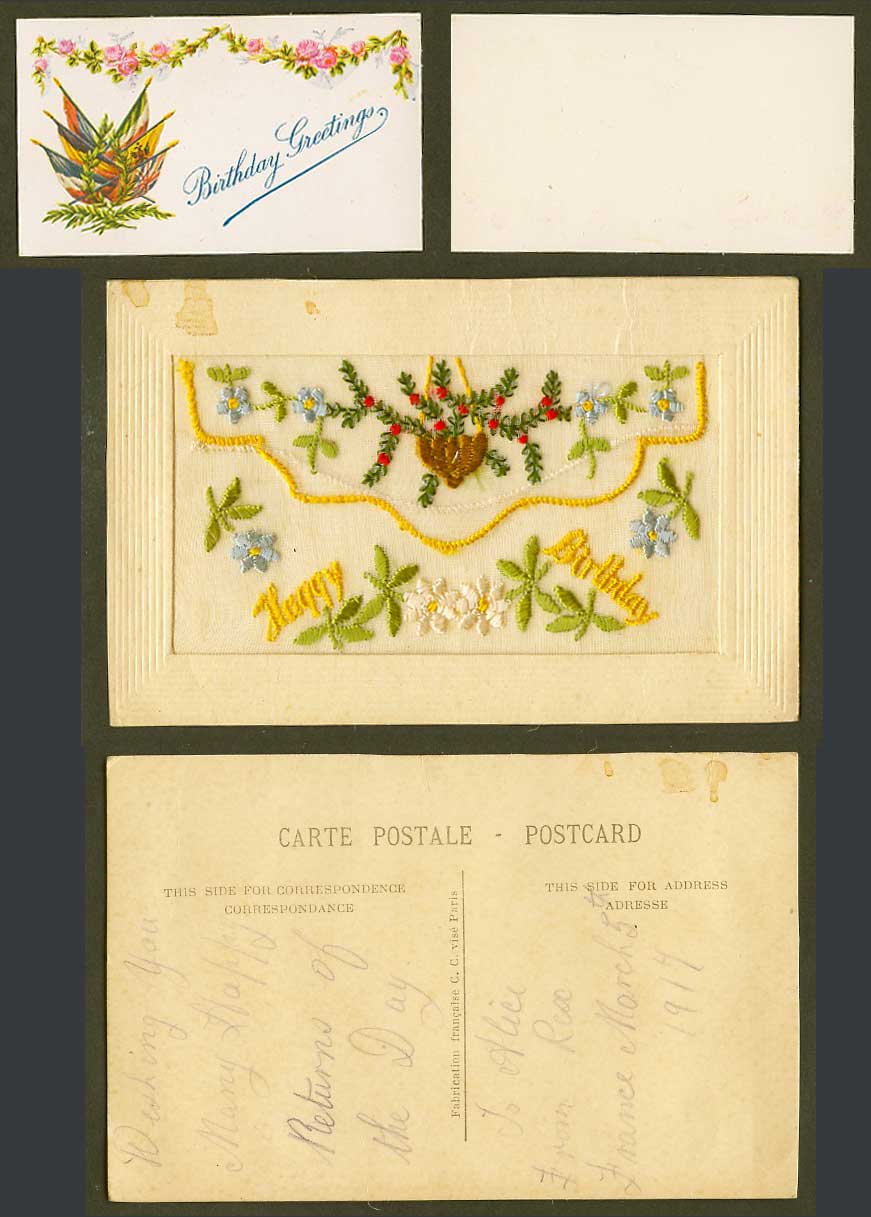 WW1 SILK Embroidered 1917 Old Postcard Happy Birthday Flowers Wallet