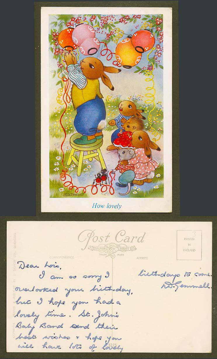 Willy Schermele Old Postcard How Lovely, Lanterns, Rabbits. Hedgehog. Mouse Ants