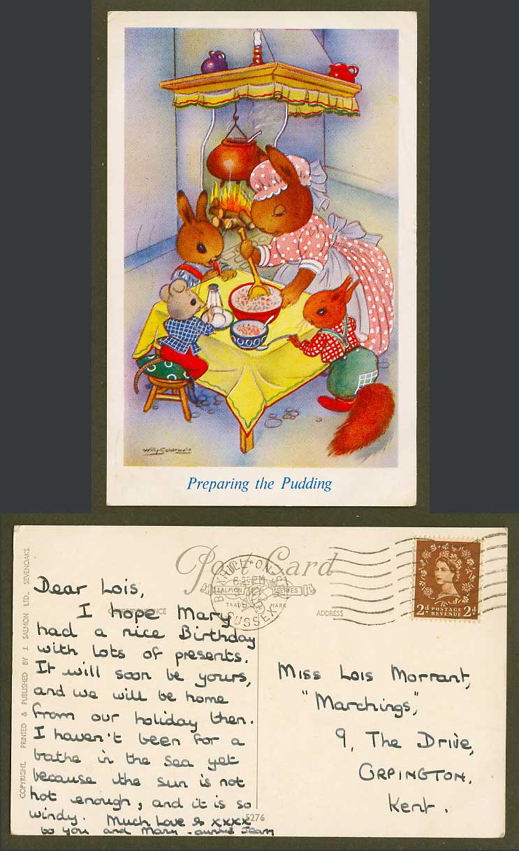 Willy Schermele 1955 Old Postcard Preparing The Pudding, Rabbits, Squirrel Mouse