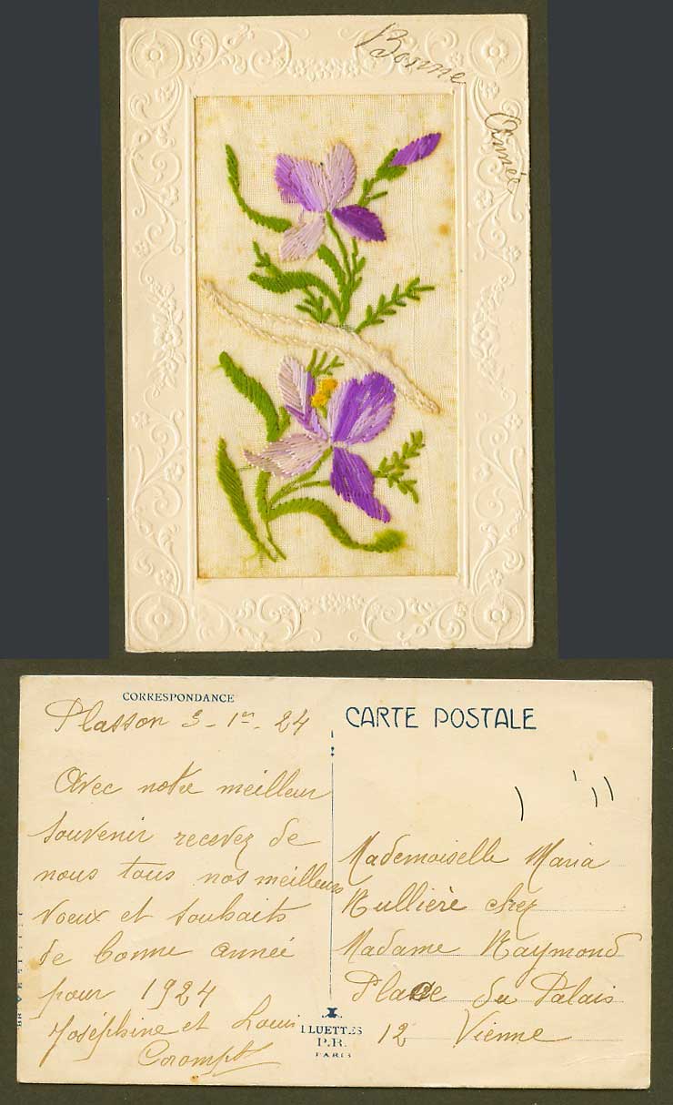 WW1 SILK Embroidered French Old Embossed Postcard Flowers, Lluttes P.R. Paris