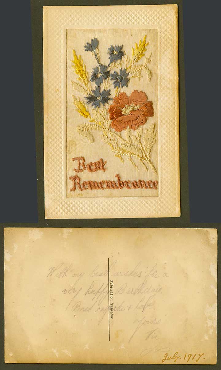 WW1 SILK Embroidered French 1917 Old Postcard Flowers and Wheat Best Remembrance