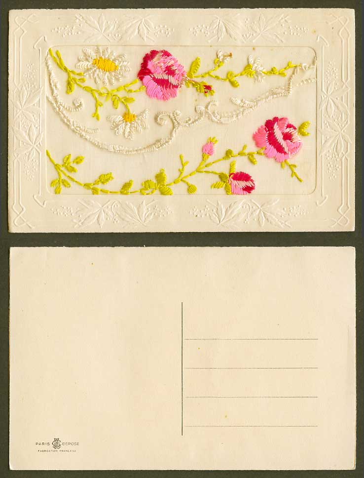 WW1 SILK Embroidered Old Embossed Postcard, Flowers, Empty Wallet, Paris Depose