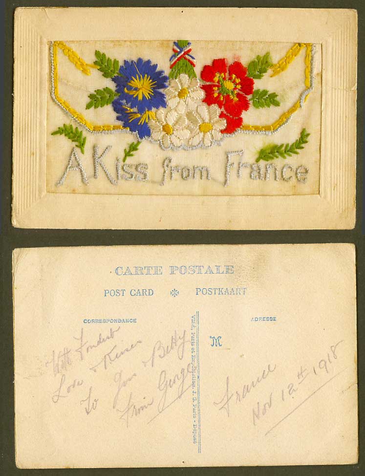 WW1 SILK Embroidered 1918 Old Postcard A Kiss from France, Flowers, Empty Wallet