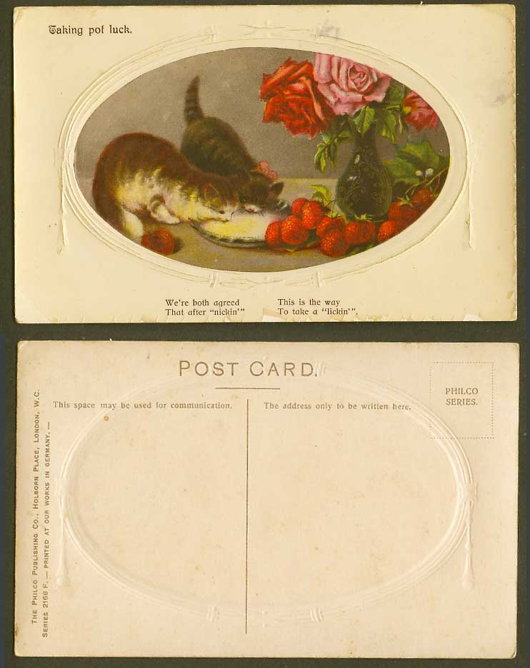 Cats Kittens Eating Taking Pot Luck Roses and Strawberries Old Embossed Postcard