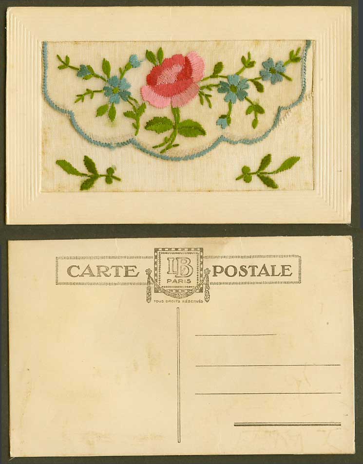 WW1 SILK Embroidered French Old Embossed Postcard Flowers Empty Wallet, LB Paris