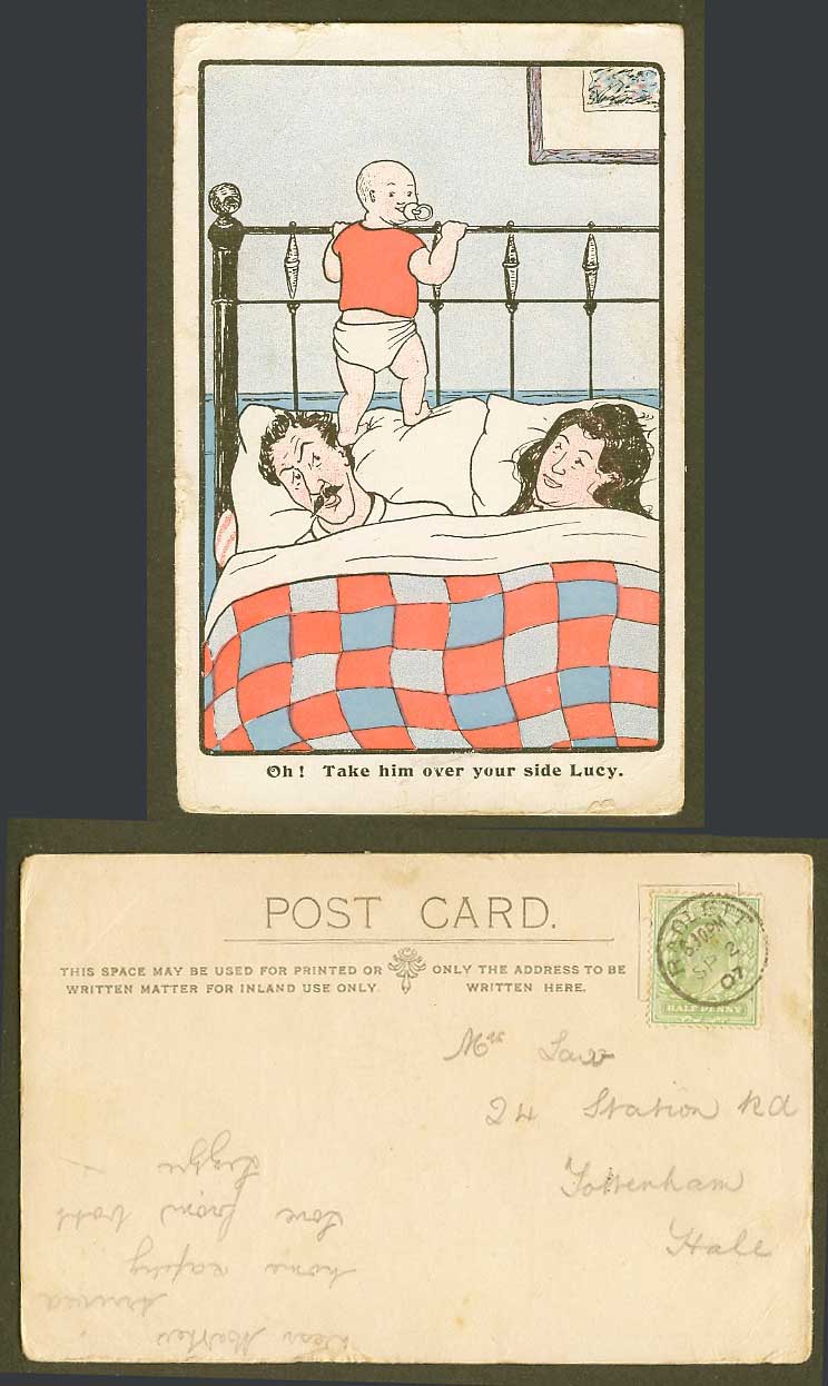 Oh! Take Him Over Your Side Lucy Baby with Dummy Man Woman Bed 1907 Old Postcard