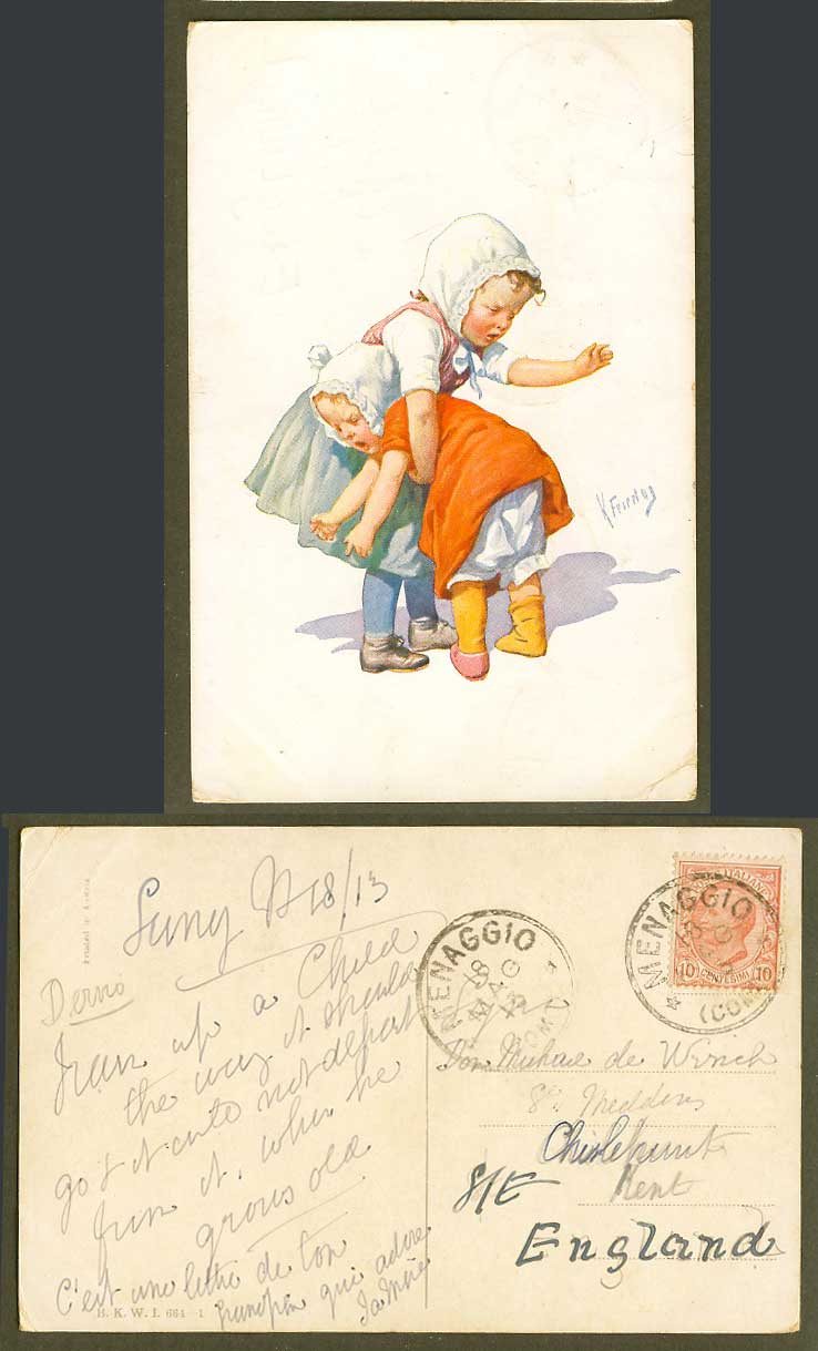 Spanking, Little Girl Spanked, Children, Artist Signed by K.F. 1913 Old Postcard