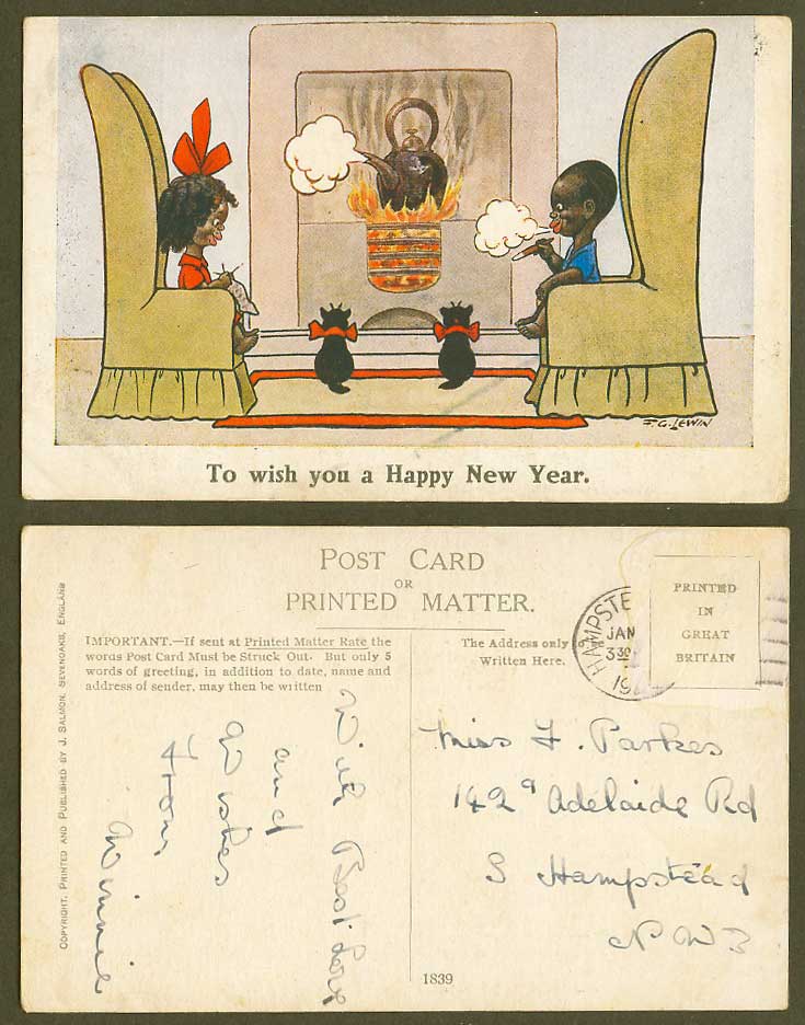 FG Lewin 1927 Old Postcard Black Boy & Girl Kettle Fireplace Cats Happy New Year