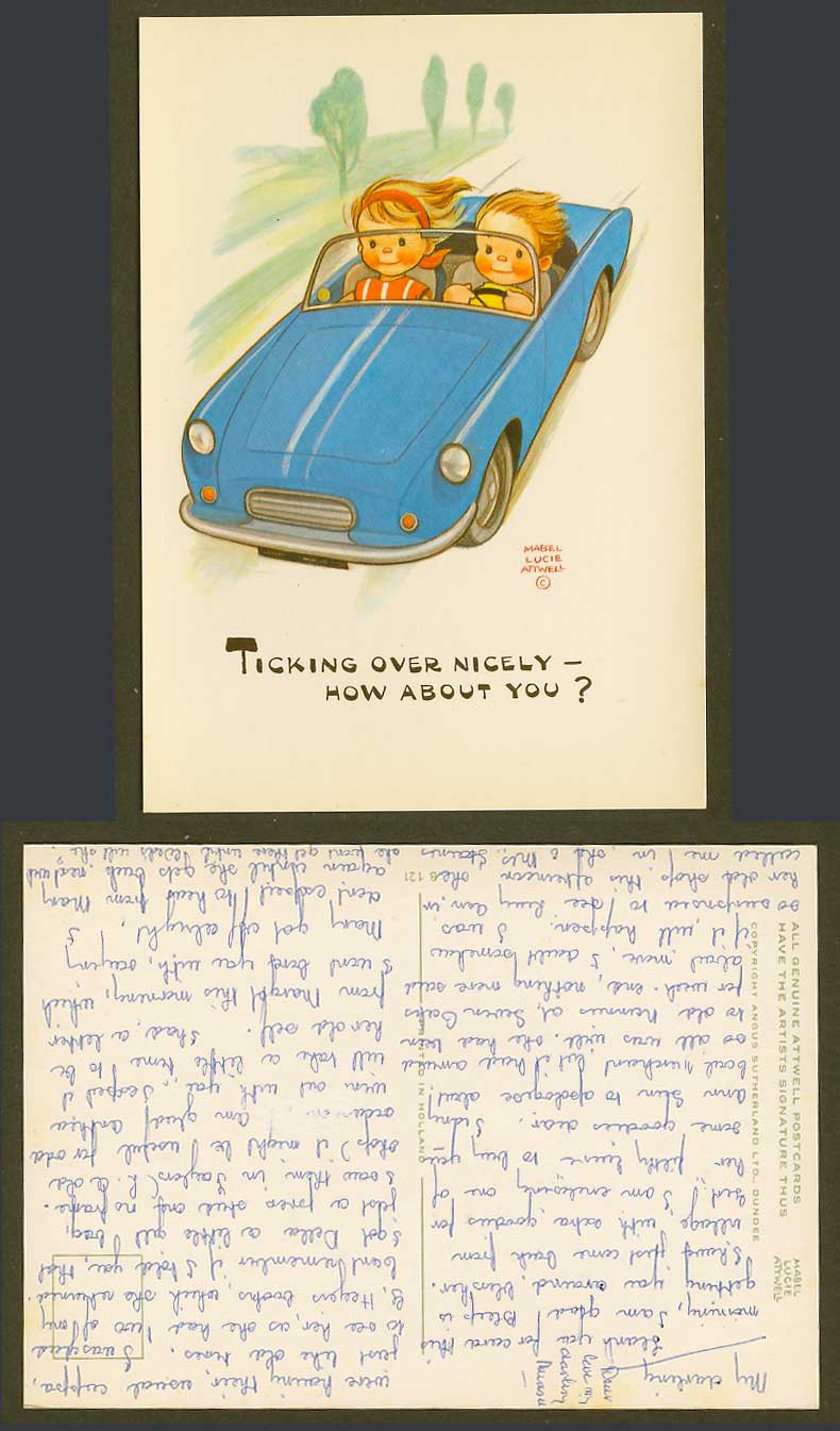 MABEL LUCIE ATTWELL Old Postcard Blue Car Ticking over nicely How about You B121