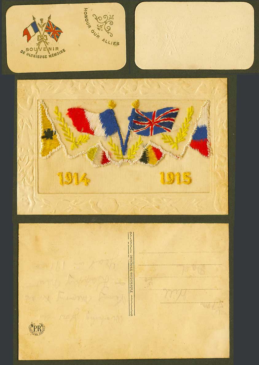 WW1 SILK Embroidered 1914 - 1915 Old Postcard Flags, Honour our Allies in Wallet