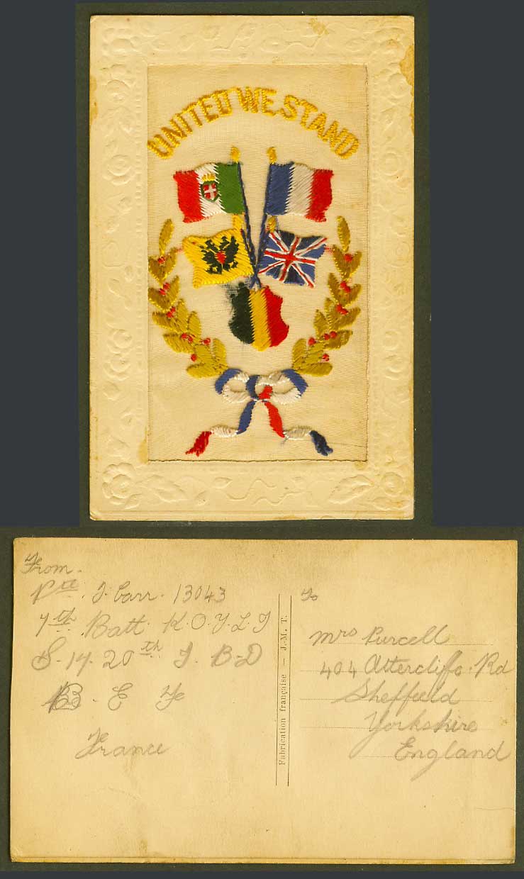 WW1 SILK Embroidered Old Postcard United We Stand Flag Flags Coat of Arms J.M.T.