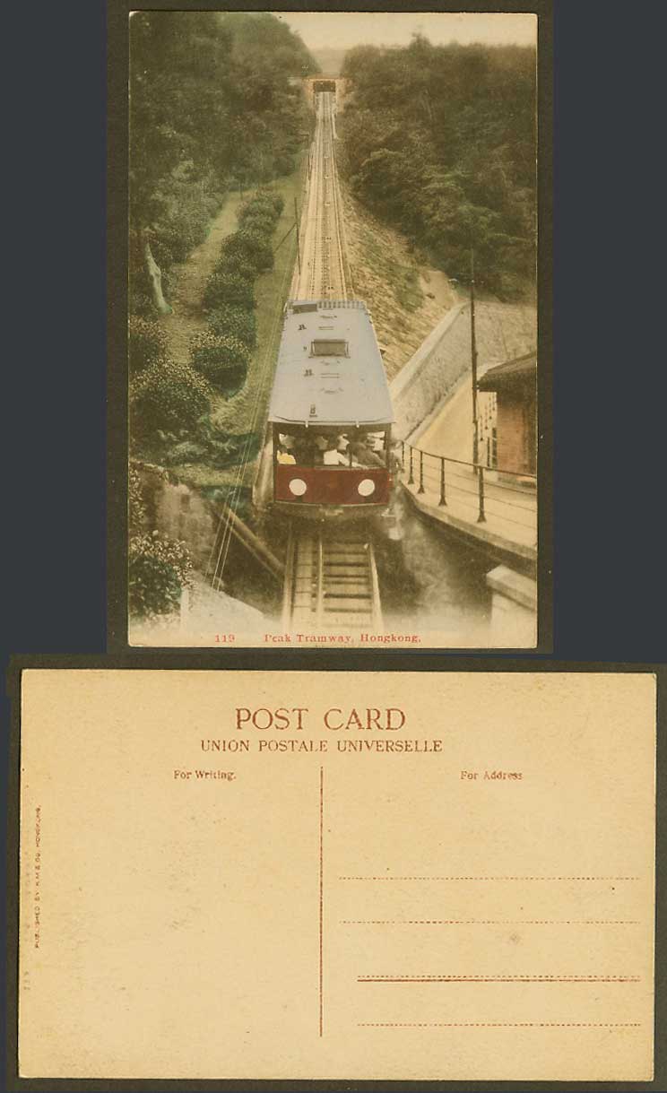 Hong Kong China Old Hand Tinted Postcard Peak Tramway & Crowded Tram, Bridge 119