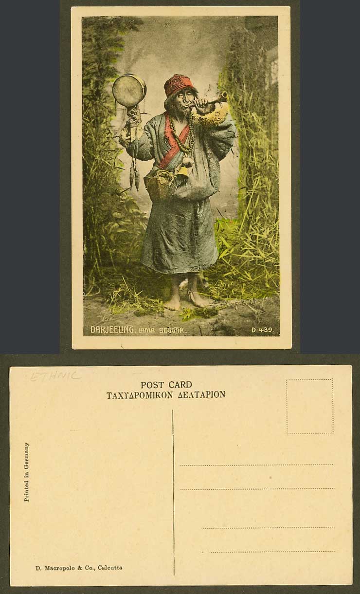 TIBET China India Old Colour Postcard TIBETAN LAMA BEGGAR Darjeeling, Horn Shawm