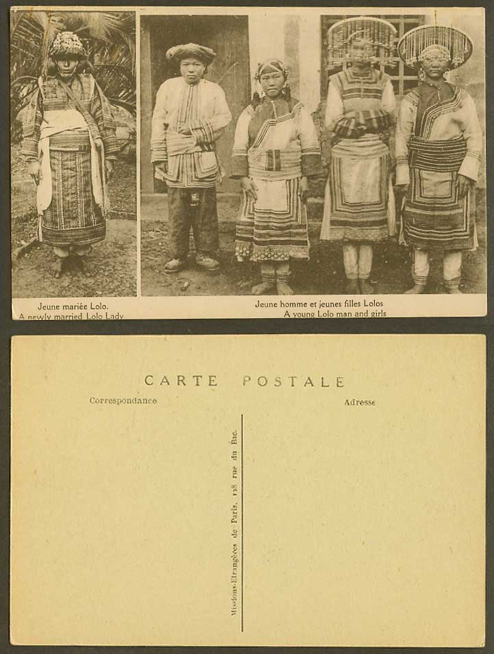 China Old Postcard Yi, A Young Lolo Man Girls Women, Newly Married Lady Costumes