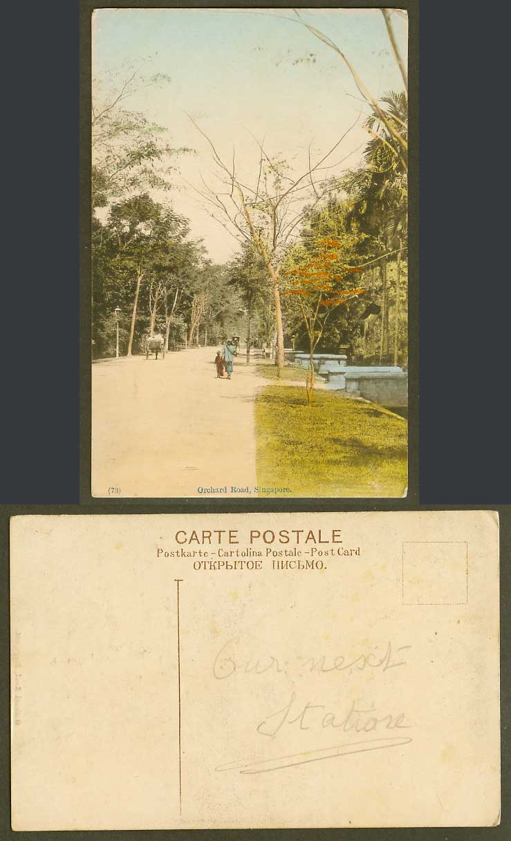 Singapore Old Hand Tinted Postcard Orchard Road Street Scene Cart Woman Child 73