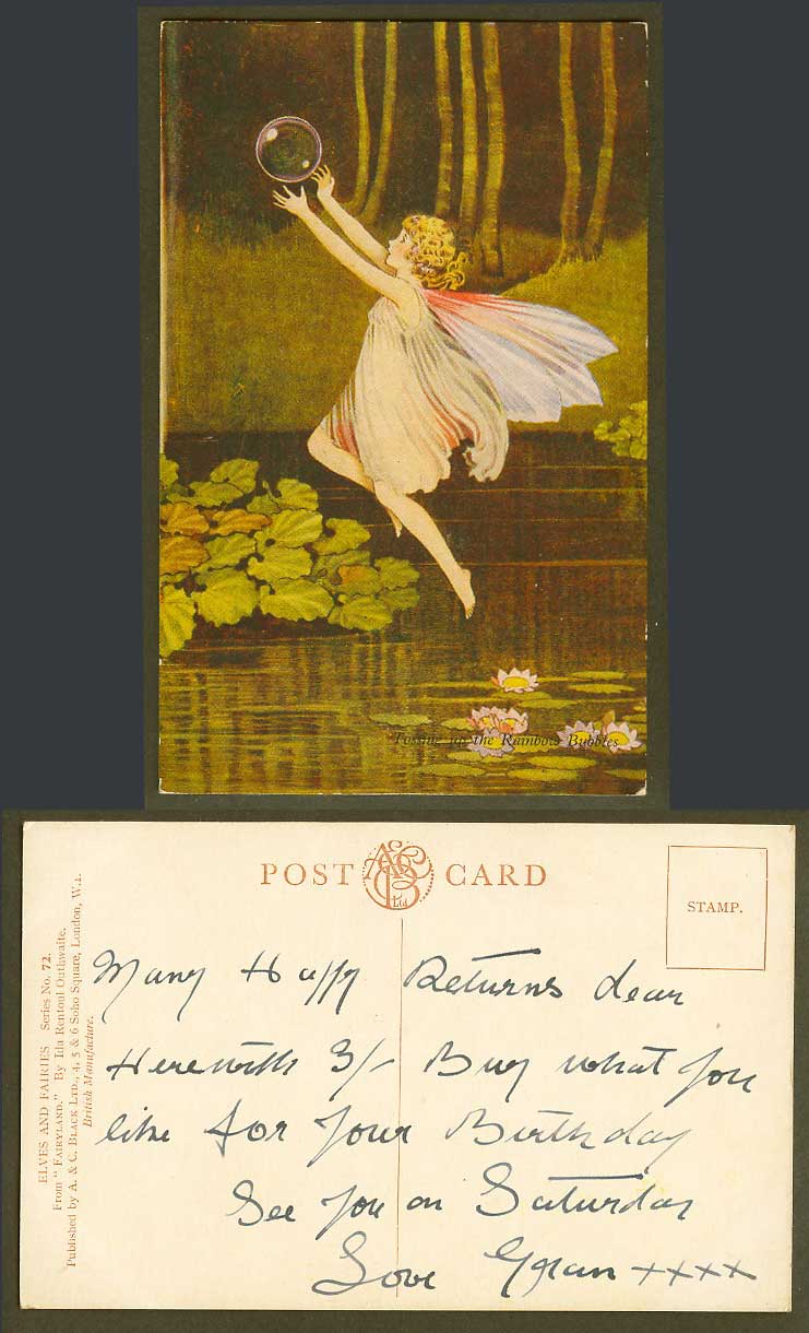 IR OUTHWAITE Old Postcard Fairy Girl Tossing Up The Rainbow Bubbles Fairyland 72