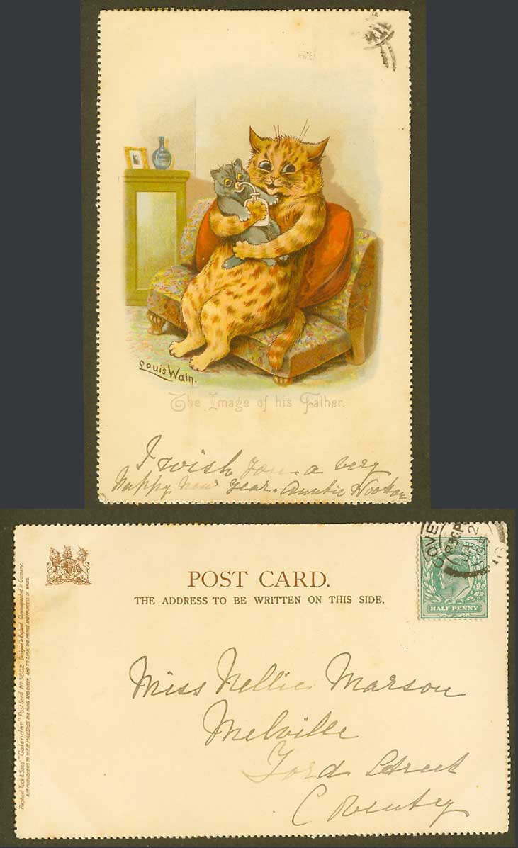 Louis Wain Artist Signed Cat Kitten Image of The Father 1905 Old Tuck's Postcard