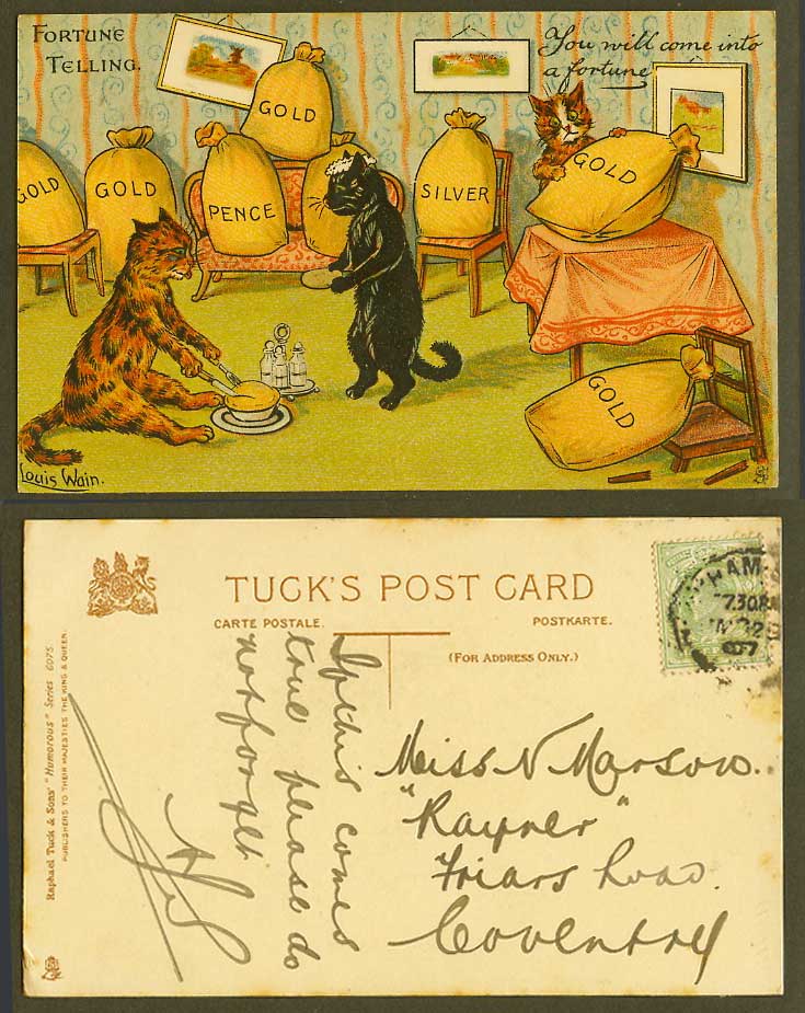 Louis Wain Artist Signed Cats Will Come Into a Fortune Telling 1907 Old Postcard