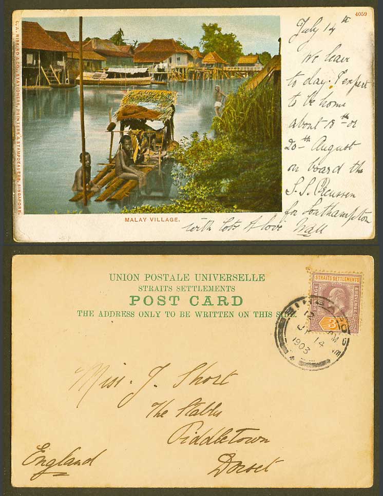 Singapore KE7 3c 1903 Old UB Postcard Malay Village, Native Boys on Boat, Houses