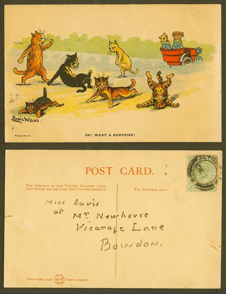 LOUIS WAIN Artist Signed Cats Kittens Oh! What a Surprise Motor Car Old Postcard